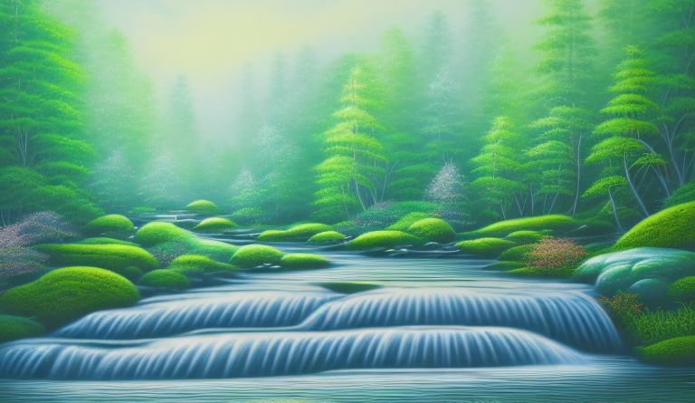 A serene landscape featuring a peaceful forest with a flowing stream